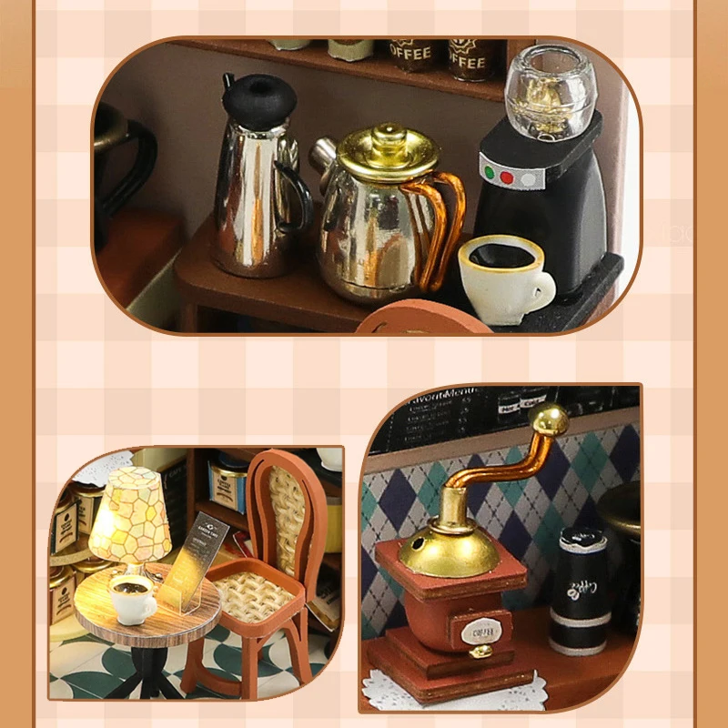 Wooden Mini Doll Houses DIY Handmade 3D Puzzle Assembly Building Kits With Furniture LED Coffee Store Dollhouse Toys For Gift