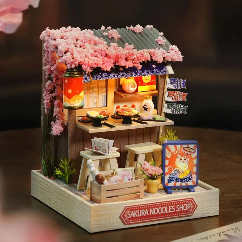 Wooden Mini Doll Houses DIY Handmade 3D Puzzle Assembly Building Kits With Furniture LED Coffee Store Dollhouse Toys For Gift