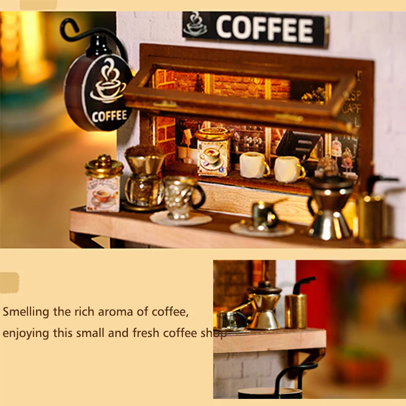 Wooden Mini Doll Houses DIY Handmade 3D Puzzle Assembly Building Kits With Furniture LED Coffee Store Dollhouse Toys For Gift