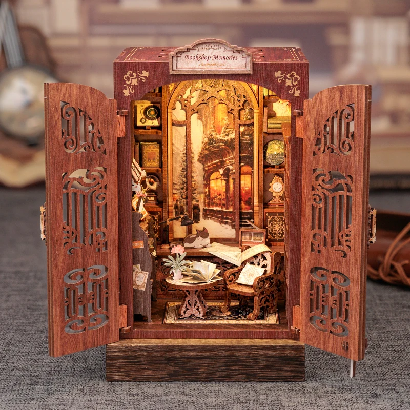 CUTEBEE DIY Book Nook Kit Miniature Wooden Dollhouse with Light Bookshelf Insert Decoration Model for Gifts Bookshop Memories