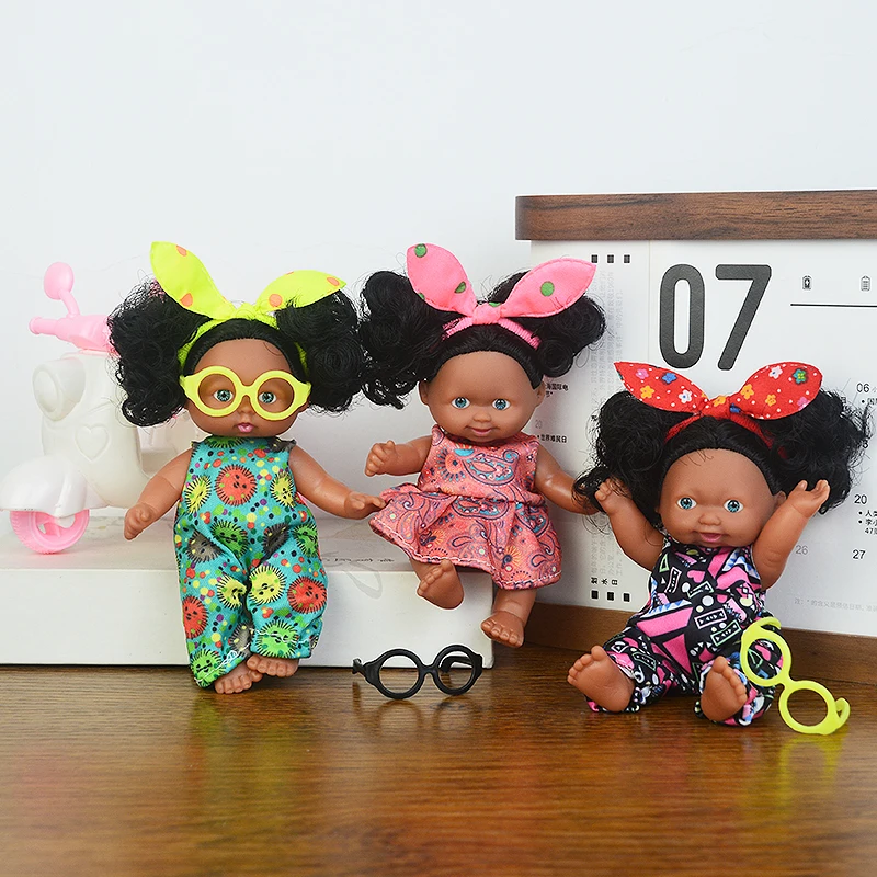 5in/13cm Kawaii Cute Black New Reborn Baby Dolls Educational Dolls Black Skin Black Hair With Cute Bow Headwear Birthday Gift
