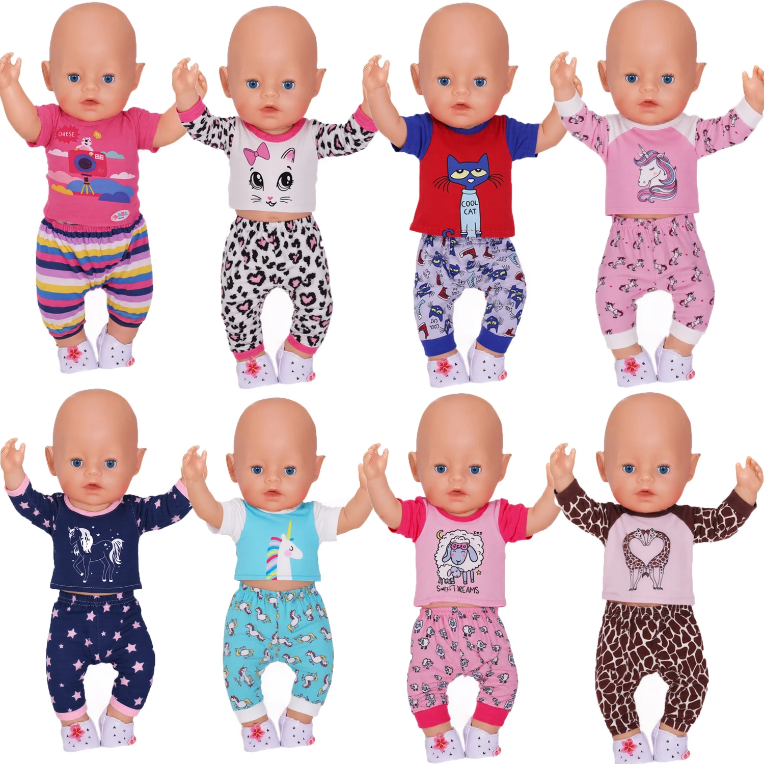 Cute Doll Pattern Pajamas for18inch doll&43 cm Reborn doll Flannel Homewear Set with Cartoon Design, Cozy Sleepwear Loungewear