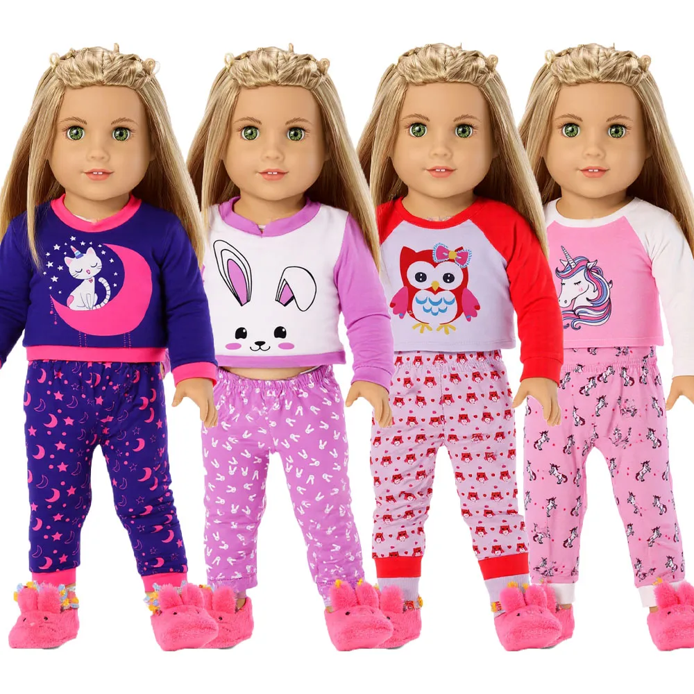 Cute Doll Pattern Pajamas for18inch doll&43 cm Reborn doll Flannel Homewear Set with Cartoon Design, Cozy Sleepwear Loungewear