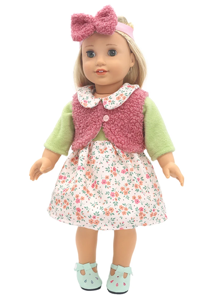 Winter Hoody Coat And Flower Strap Dress Pants Outfit for 43cm 18-Inch AG Girl Dolls Baby Doll Clothes Set