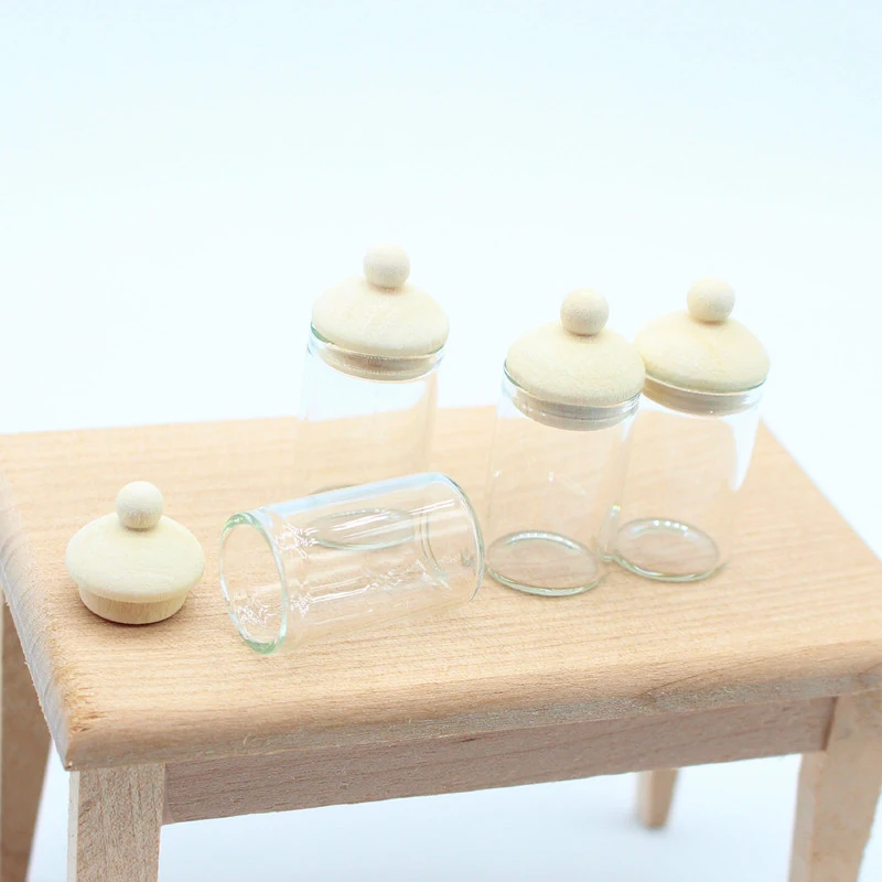 4Pcs 1/12 Dollhouse Clear Glass Jar Dollhouse Miniature Kitchen Storage Bottles Dolls House Decoration Accessories