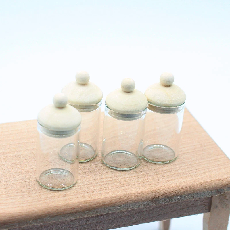 4Pcs 1/12 Dollhouse Clear Glass Jar Dollhouse Miniature Kitchen Storage Bottles Dolls House Decoration Accessories