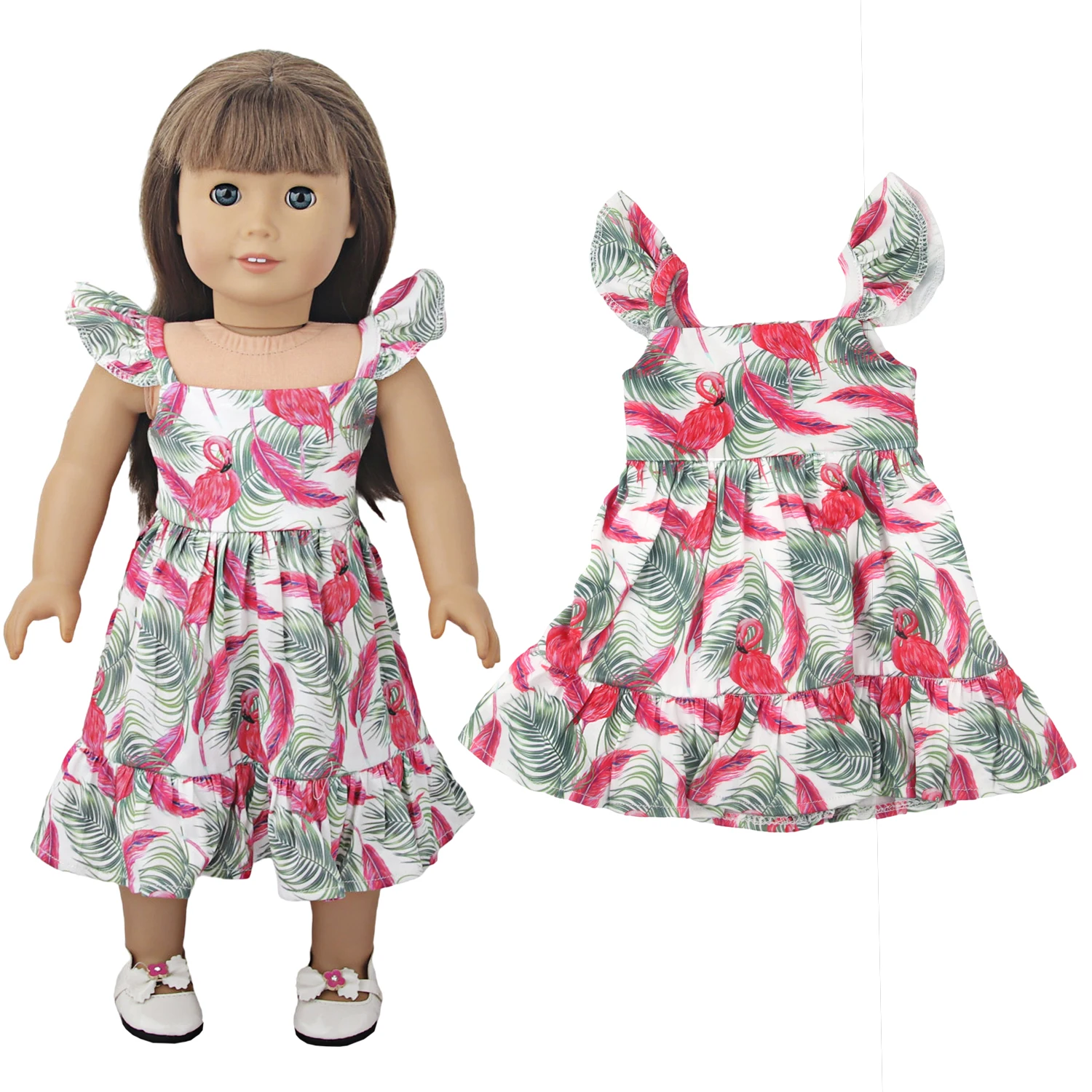 Newly Designed Doll Skirt Flamingos,Sunflowers,Flowers Flying Sleeve Dress For 18 Inch American&43cm Baby New Born Girl Doll Toy