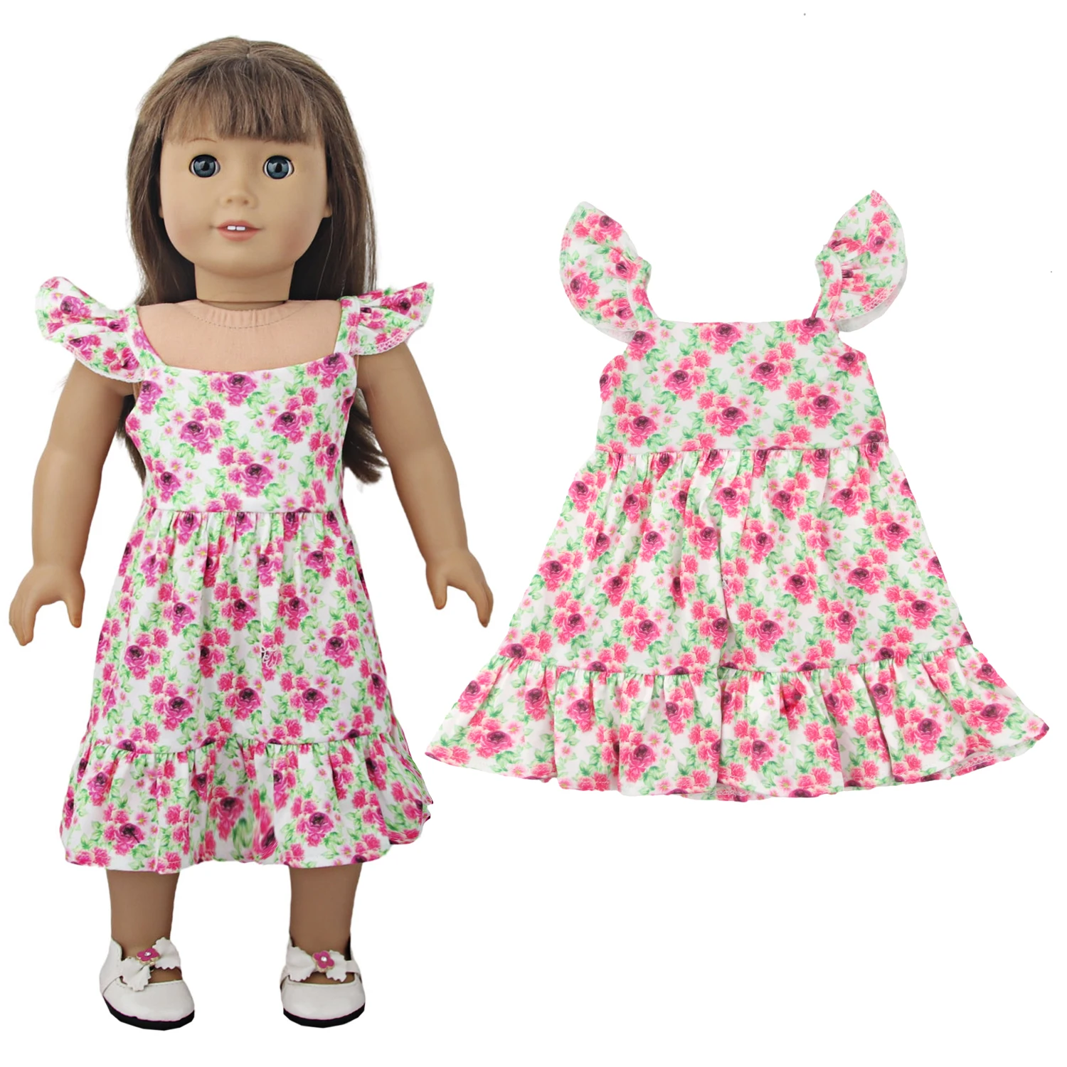 Newly Designed Doll Skirt Flamingos,Sunflowers,Flowers Flying Sleeve Dress For 18 Inch American&43cm Baby New Born Girl Doll Toy