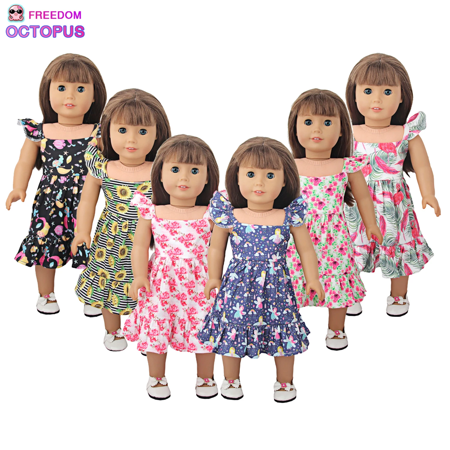 Newly Designed Doll Skirt Flamingos,Sunflowers,Flowers Flying Sleeve Dress For 18 Inch American&43cm Baby New Born Girl Doll Toy