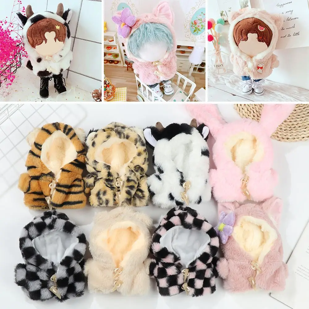 20CM Doll Clothes Plush Fur Coat Cartoon Animal Horn Buckle Overcoat Rabbit Bear Tiger Winter Hairy Outfits For Idol Dolls Toys