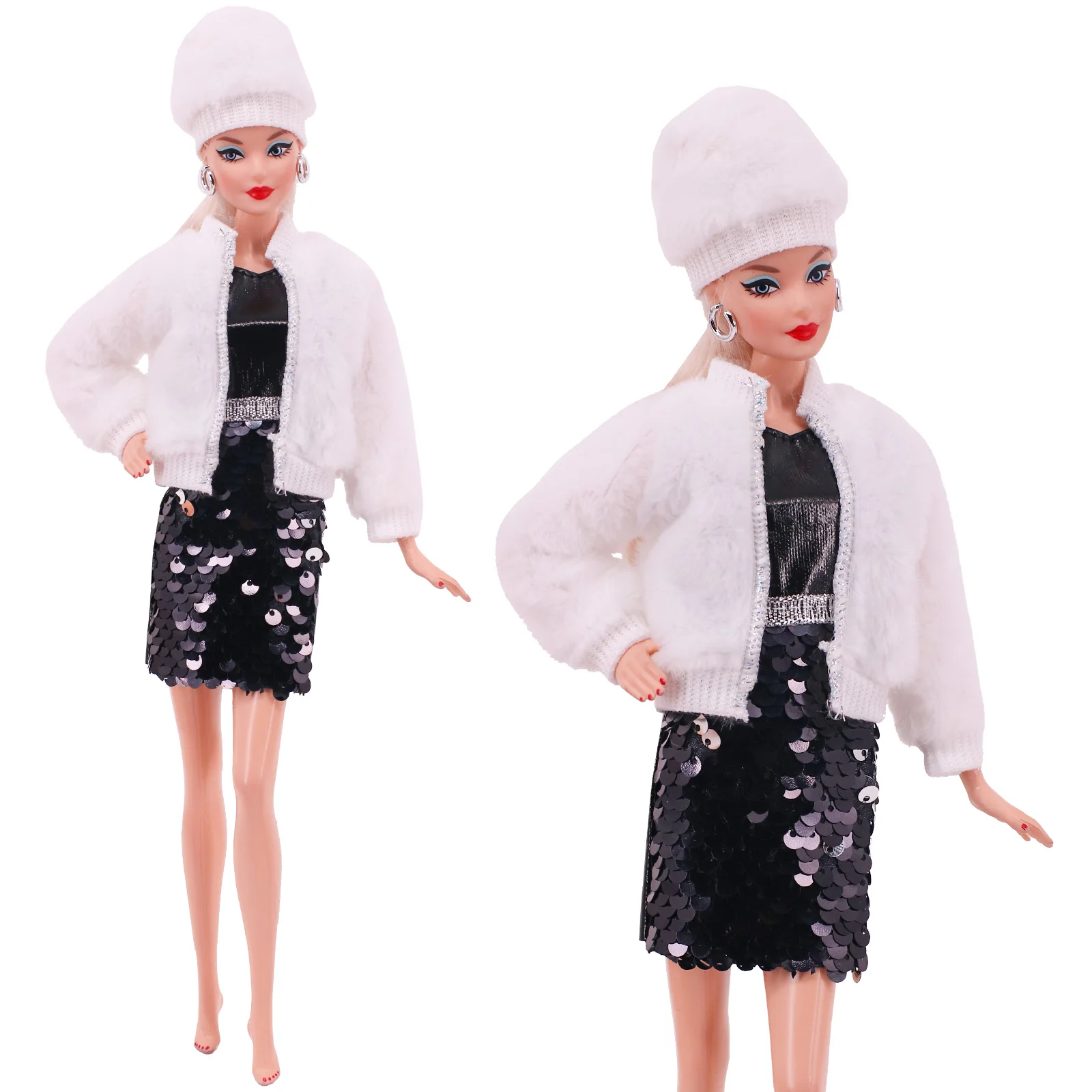 3 Pcs/Set Fur Vest Coat + Dress/Casual Outfit for 11.8 inch Barbies Doll Clothes Accessories Plush Jacket Celebrity,Child's Gift