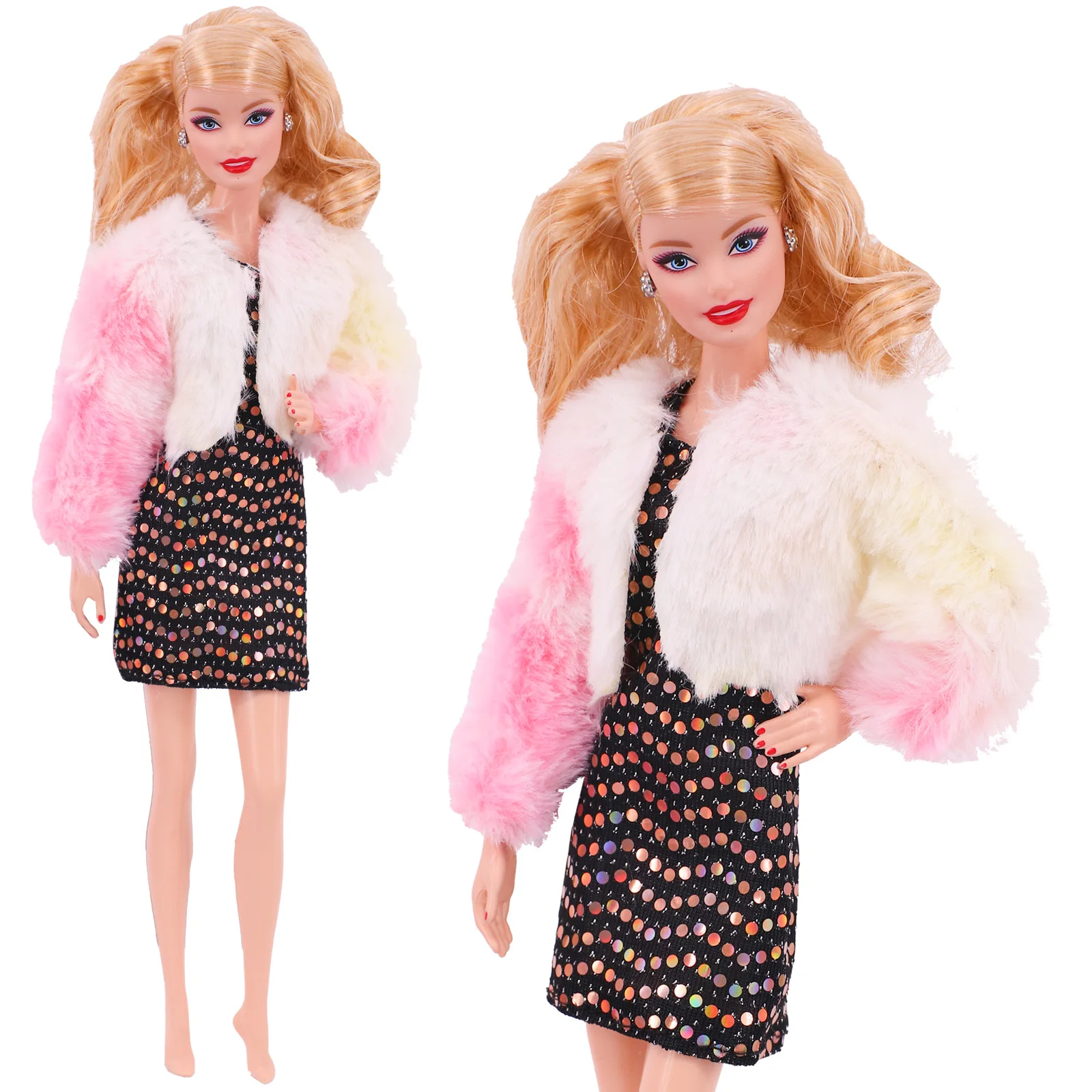 3 Pcs/Set Fur Vest Coat + Dress/Casual Outfit for 11.8 inch Barbies Doll Clothes Accessories Plush Jacket Celebrity,Child's Gift