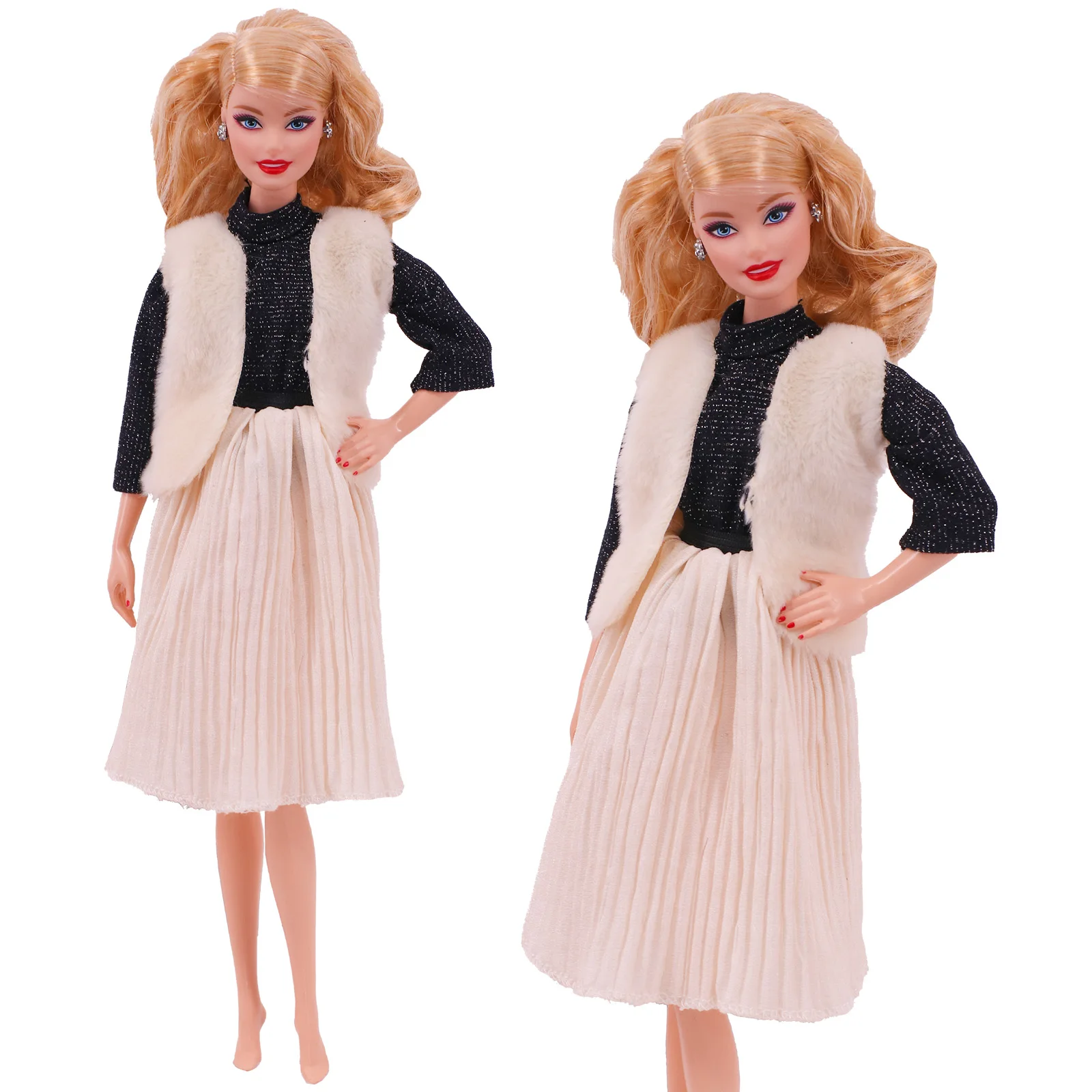 3 Pcs/Set Fur Vest Coat + Dress/Casual Outfit for 11.8 inch Barbies Doll Clothes Accessories Plush Jacket Celebrity,Child's Gift