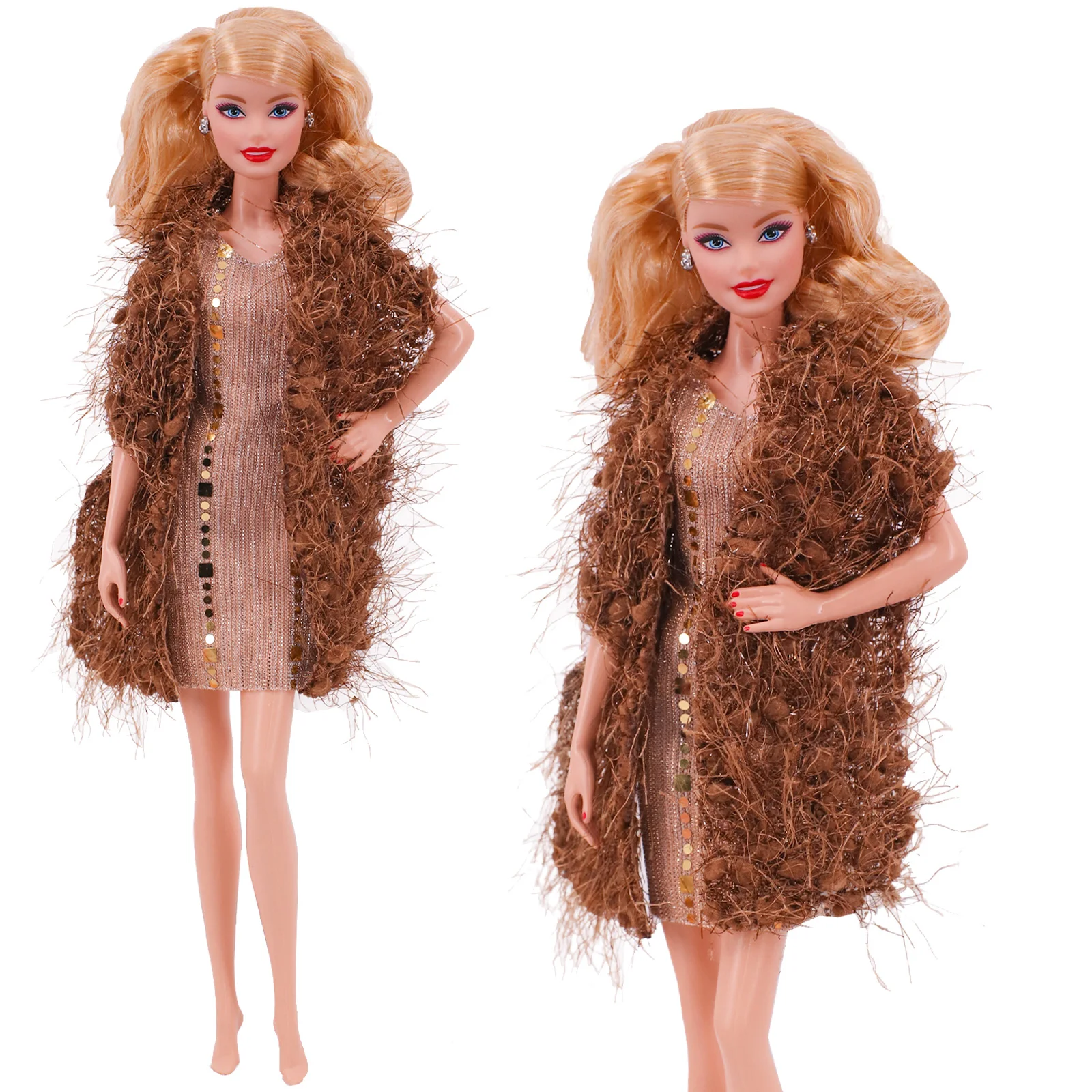3 Pcs/Set Fur Vest Coat + Dress/Casual Outfit for 11.8 inch Barbies Doll Clothes Accessories Plush Jacket Celebrity,Child's Gift
