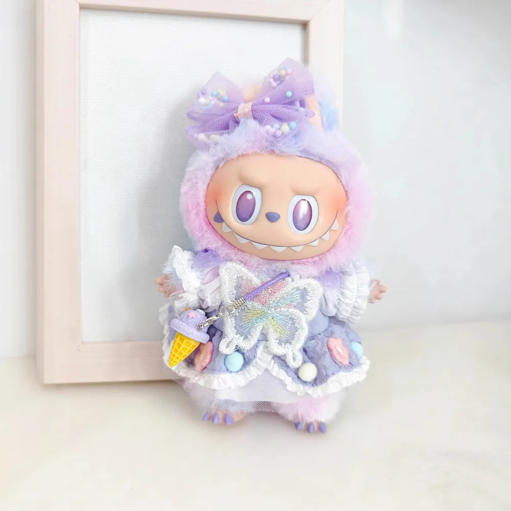 15/17cm Vinyl Plush Doll Clothes Labubu Pendant Lucky Purple Bow Dress Labubu V1/V2/V3 Clothes Accessories