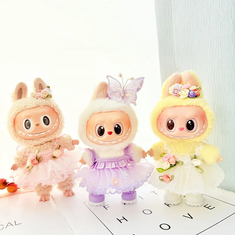 15/17cm Vinyl Plush Doll Clothes Labubu Pendant Lucky Purple Bow Dress Labubu V1/V2/V3 Clothes Accessories