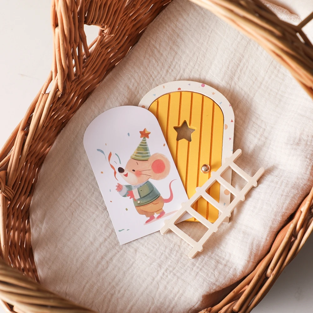 Wooden Miniature Elf Door Toy DIY Mini House Accessories Furniture Simulation Miniatures Toy Baby Pretend Play Toy Gift