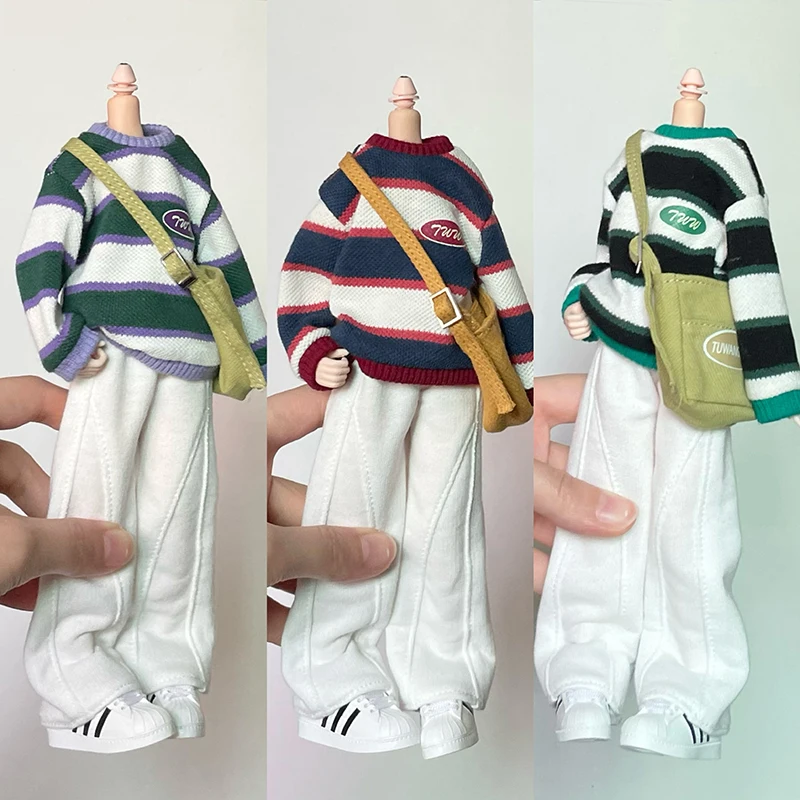 New Blythe Doll Clothes Colored Striped Round Neck Sweater Hoodie with Sports Wide Leg Pants Crossbody Bag for Blyth ob24 Outfit