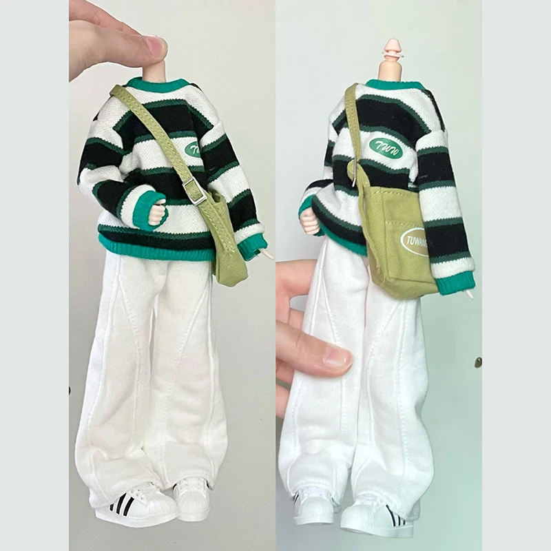New Blythe Doll Clothes Colored Striped Round Neck Sweater Hoodie with Sports Wide Leg Pants Crossbody Bag for Blyth ob24 Outfit