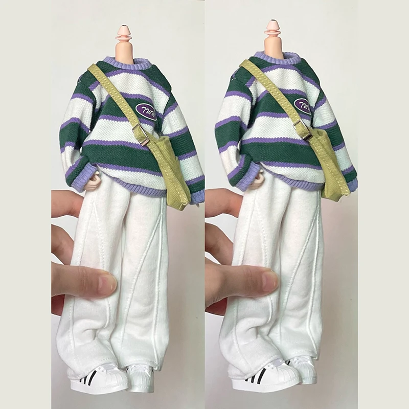 New Blythe Doll Clothes Colored Striped Round Neck Sweater Hoodie with Sports Wide Leg Pants Crossbody Bag for Blyth ob24 Outfit