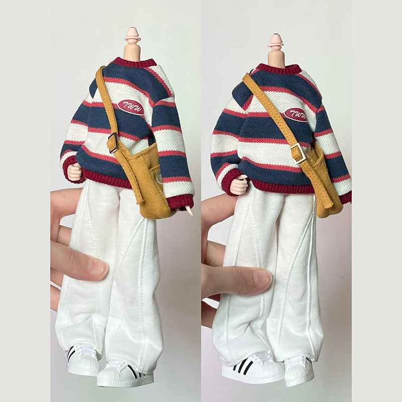 New Blythe Doll Clothes Colored Striped Round Neck Sweater Hoodie with Sports Wide Leg Pants Crossbody Bag for Blyth ob24 Outfit