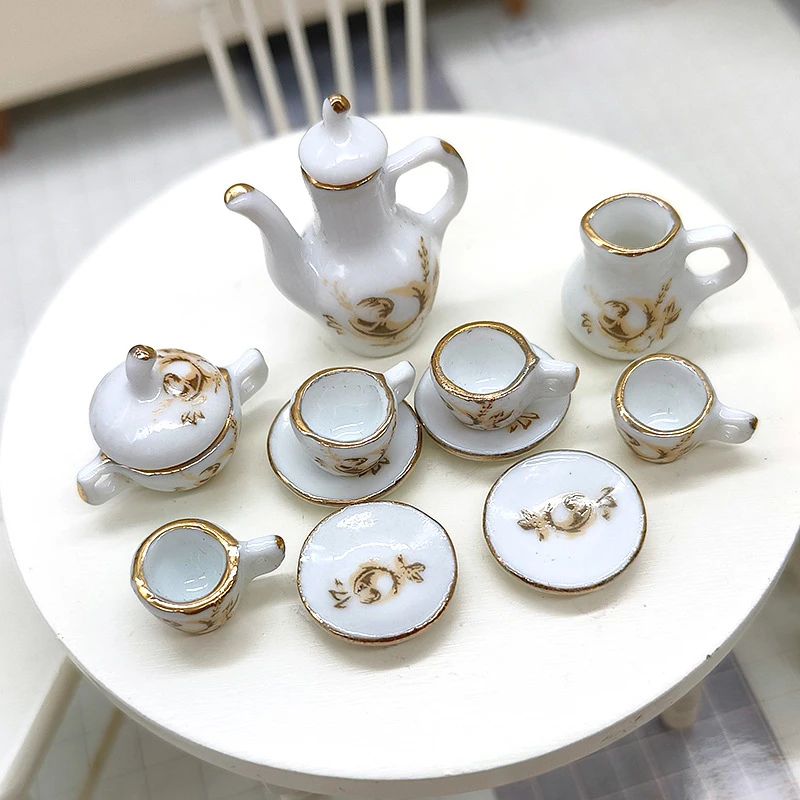 1set 1:12 Dollhouse Miniature Ceramic Brown Rose Teapot Tea Set Wine Set Tableware Mini Tea Cup Wine Glass Model Decor Toy