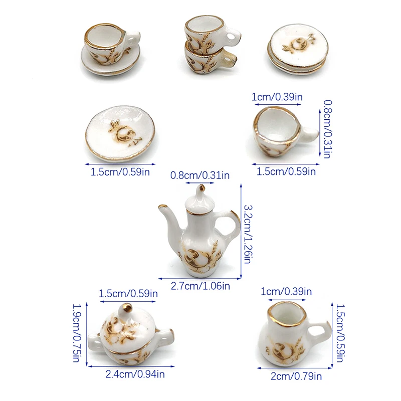 1set 1:12 Dollhouse Miniature Ceramic Brown Rose Teapot Tea Set Wine Set Tableware Mini Tea Cup Wine Glass Model Decor Toy