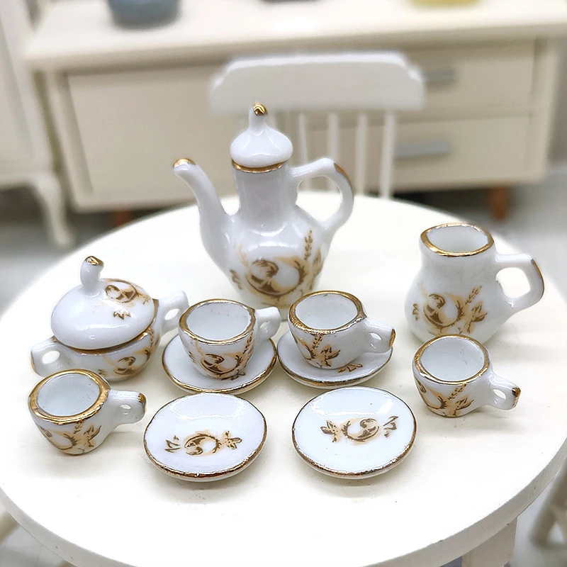 1set 1:12 Dollhouse Miniature Ceramic Brown Rose Teapot Tea Set Wine Set Tableware Mini Tea Cup Wine Glass Model Decor Toy