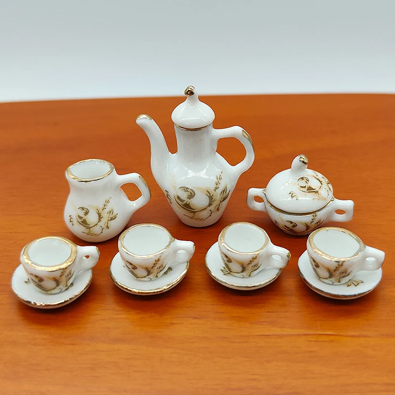 1set 1:12 Dollhouse Miniature Ceramic Brown Rose Teapot Tea Set Wine Set Tableware Mini Tea Cup Wine Glass Model Decor Toy