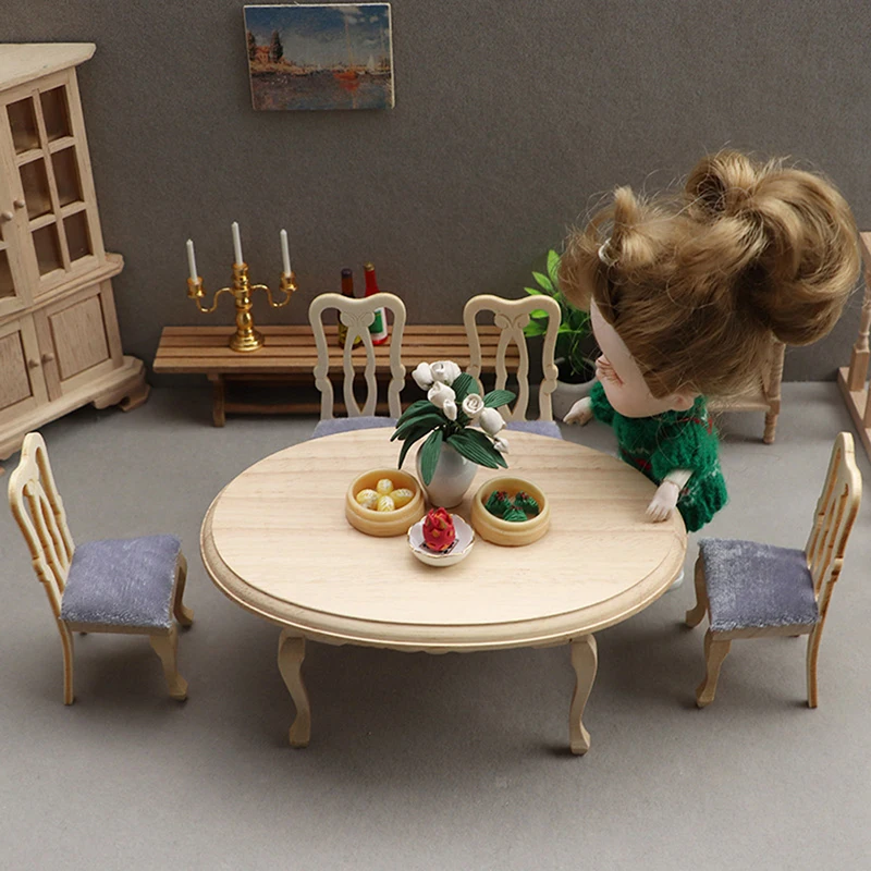1:12 Dollhouse Miniature Wooden Dining Table Chair Set Simulation Furniture Model Toy For Dollhouse Restaurant Decor