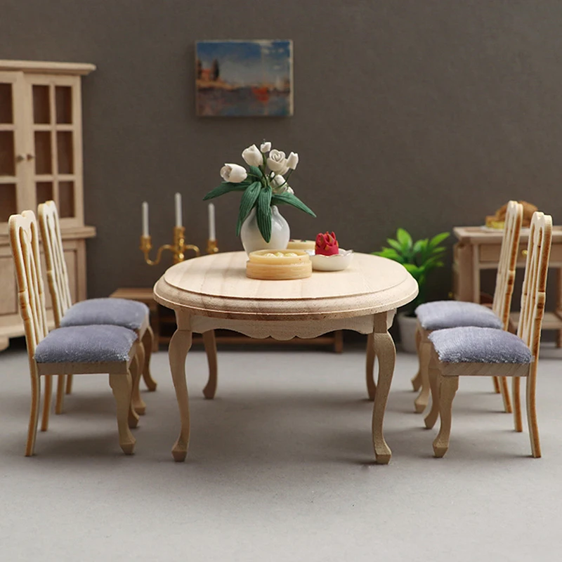 1:12 Dollhouse Miniature Wooden Dining Table Chair Set Simulation Furniture Model Toy For Dollhouse Restaurant Decor