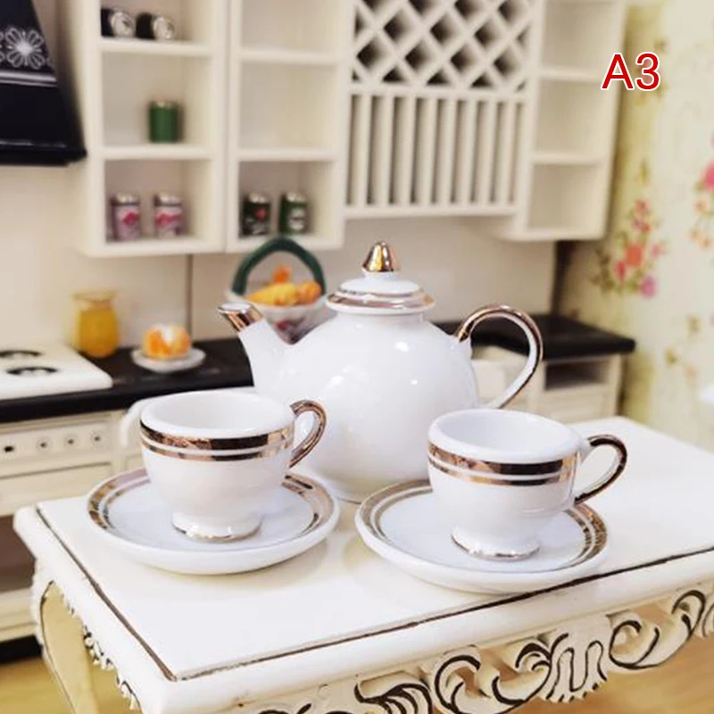 1Set Ceramic 1:6 1:12 Doll House Miniature Porcelain Tea Cup Set Tableware Kitchen Dollhouse Teapot DIY Toys Kid Gift