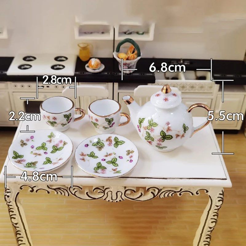 1Set Ceramic 1:6 1:12 Doll House Miniature Porcelain Tea Cup Set Tableware Kitchen Dollhouse Teapot DIY Toys Kid Gift