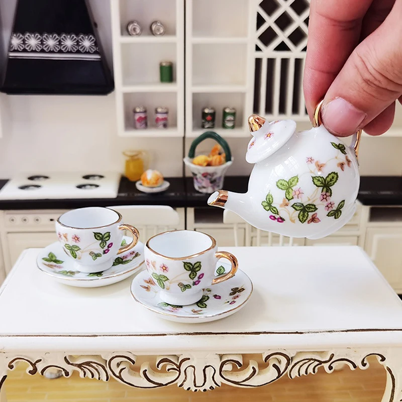 1Set Ceramic 1:6 1:12 Doll House Miniature Porcelain Tea Cup Set Tableware Kitchen Dollhouse Teapot DIY Toys Kid Gift