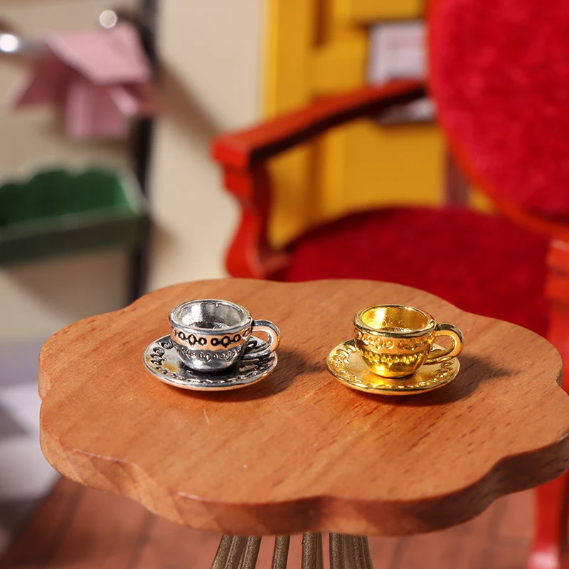 1Set 1:12 Dollhouse Miniature Teapot Cup Saucer Metal Tea Set Dining Table Model Decor Toy Doll House Accessories