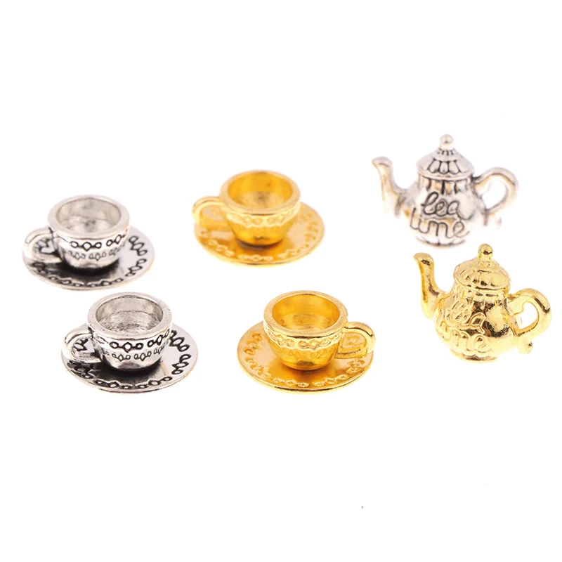 1Set 1:12 Dollhouse Miniature Teapot Cup Saucer Metal Tea Set Dining Table Model Decor Toy Doll House Accessories