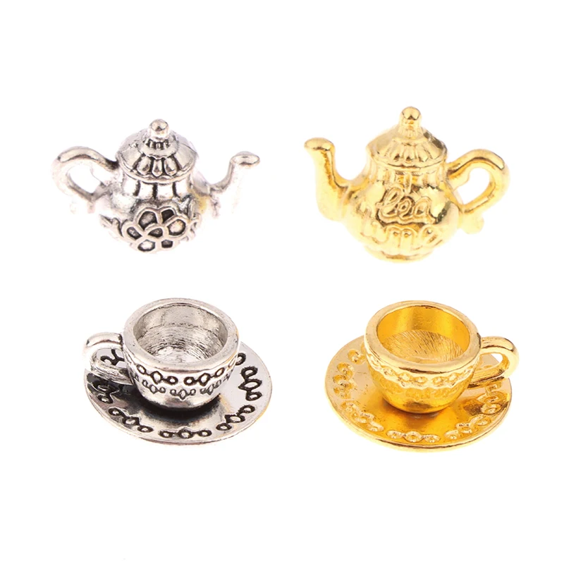 1Set 1:12 Dollhouse Miniature Teapot Cup Saucer Metal Tea Set Dining Table Model Decor Toy Doll House Accessories