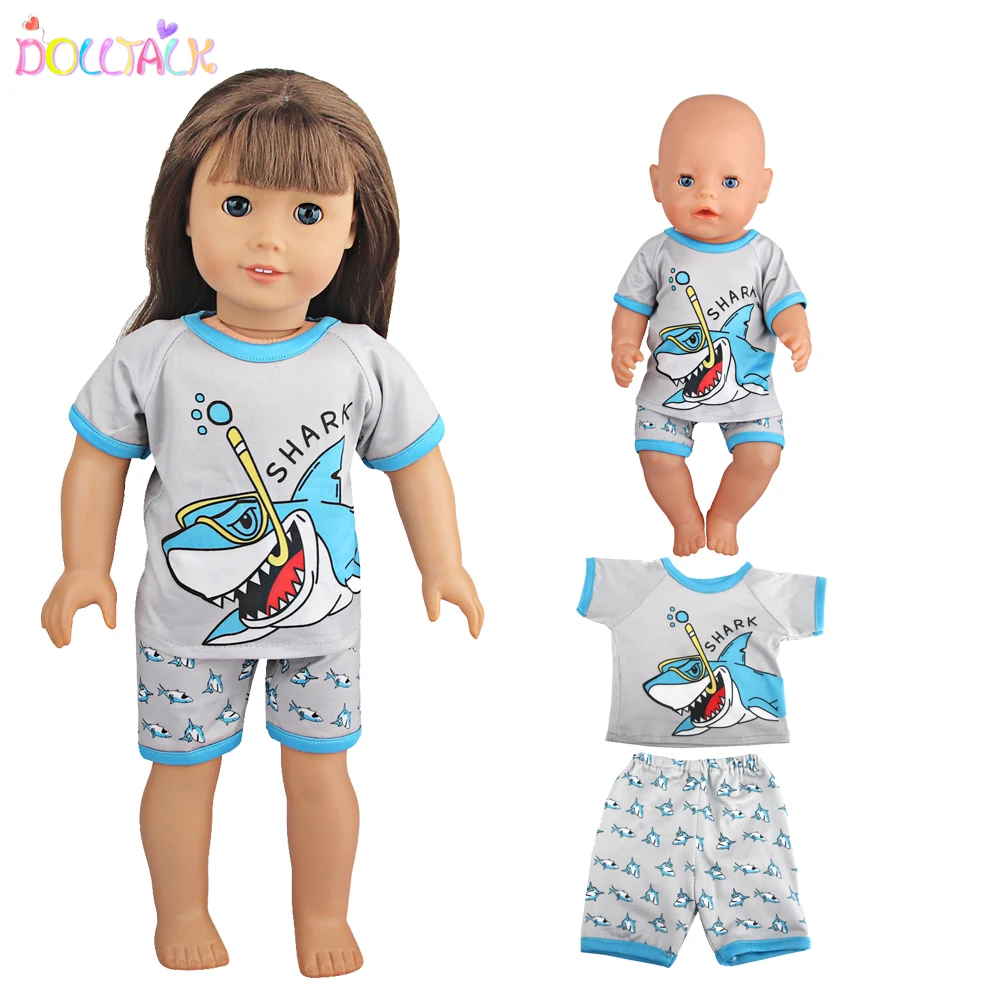 Cute Cat Animal Shark T-shirt+shorts Clothes Set Pajamas Fit For American 18 Inch Girl Doll And 43cm Baby New Born,OG Toy Doll