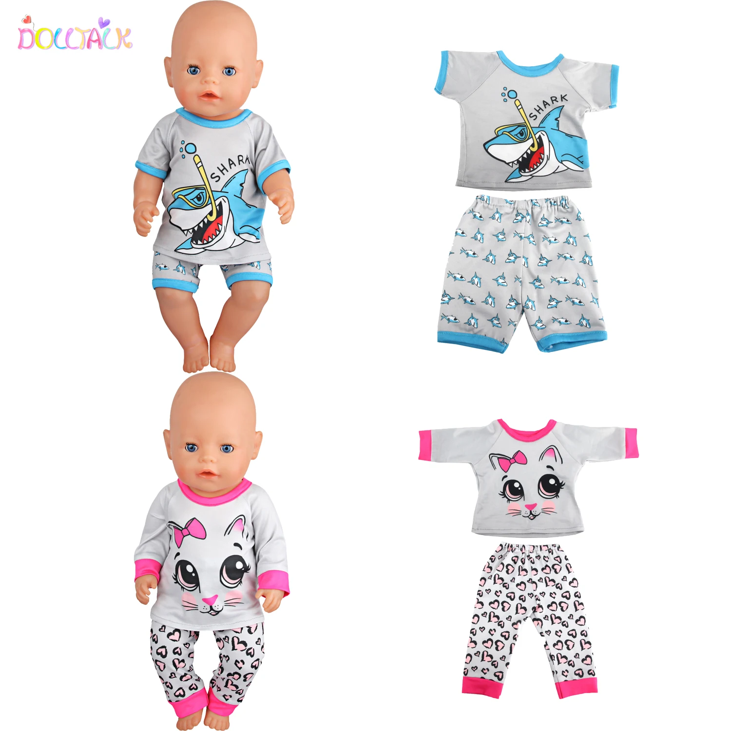 Cute Cat Animal Shark T-shirt+shorts Clothes Set Pajamas Fit For American 18 Inch Girl Doll And 43cm Baby New Born,OG Toy Doll