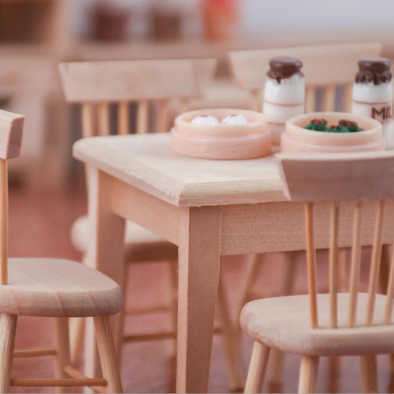 1/12 Miniature Dollhouse Furniture Wooden Dining Table And Chair Pretend Play Simulation Furniture Toys