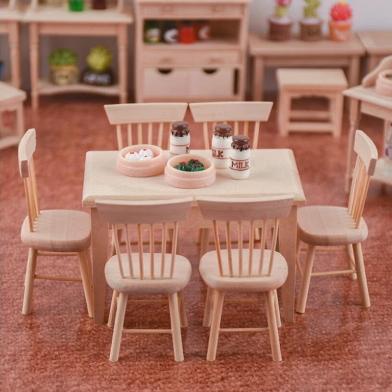 1/12 Miniature Dollhouse Furniture Wooden Dining Table And Chair Pretend Play Simulation Furniture Toys