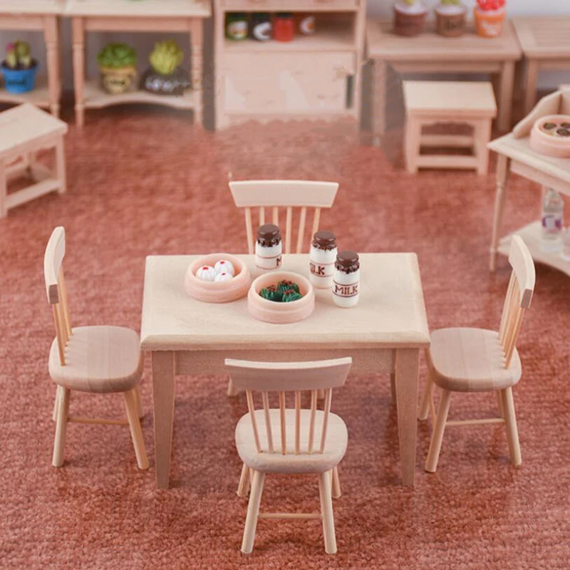1/12 Miniature Dollhouse Furniture Wooden Dining Table And Chair Pretend Play Simulation Furniture Toys