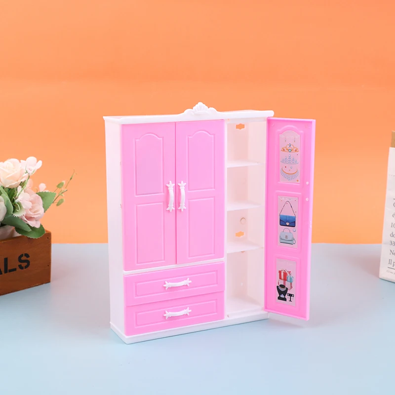 1/12 1/6 Dollhouse Miniature Pink Plastic Wardrobe for Dolls House Accessories