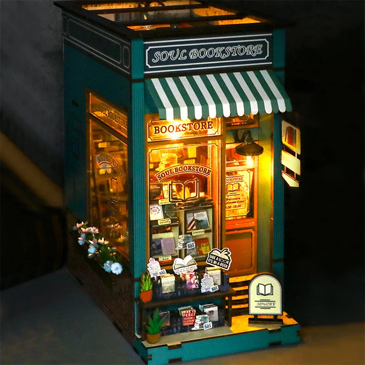 Bookshelf Set DIY Wooden Miniature Doll House Book Nook Kit 3D Puzzle Assembly Building Model With LED Light Dollhouse Gifts