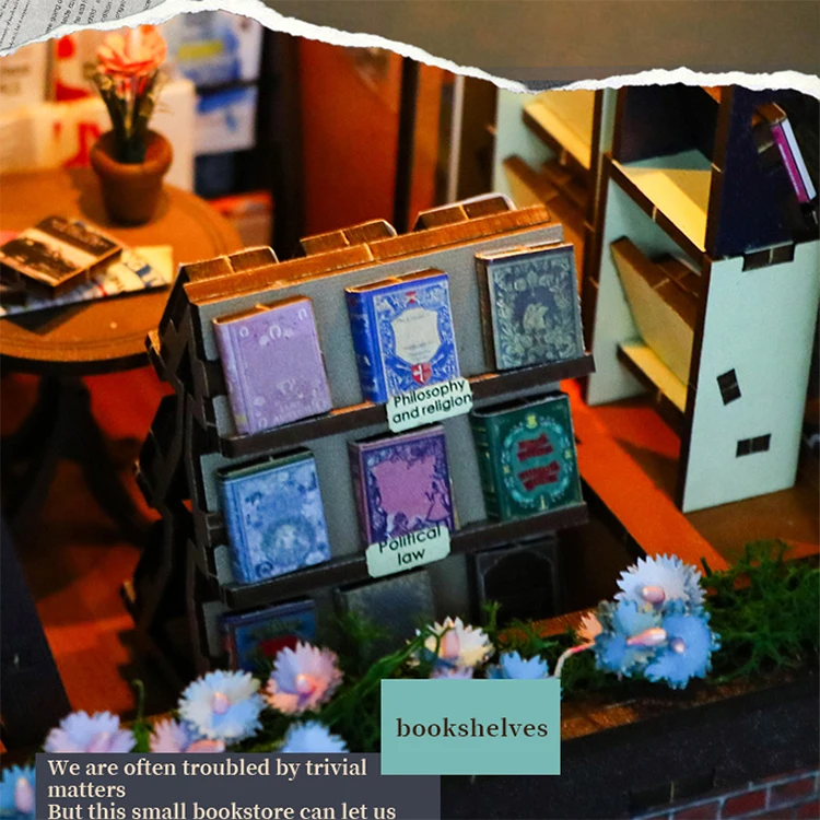 Bookshelf Set DIY Wooden Miniature Doll House Book Nook Kit 3D Puzzle Assembly Building Model With LED Light Dollhouse Gifts