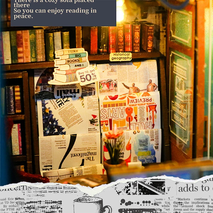 Bookshelf Set DIY Wooden Miniature Doll House Book Nook Kit 3D Puzzle Assembly Building Model With LED Light Dollhouse Gifts