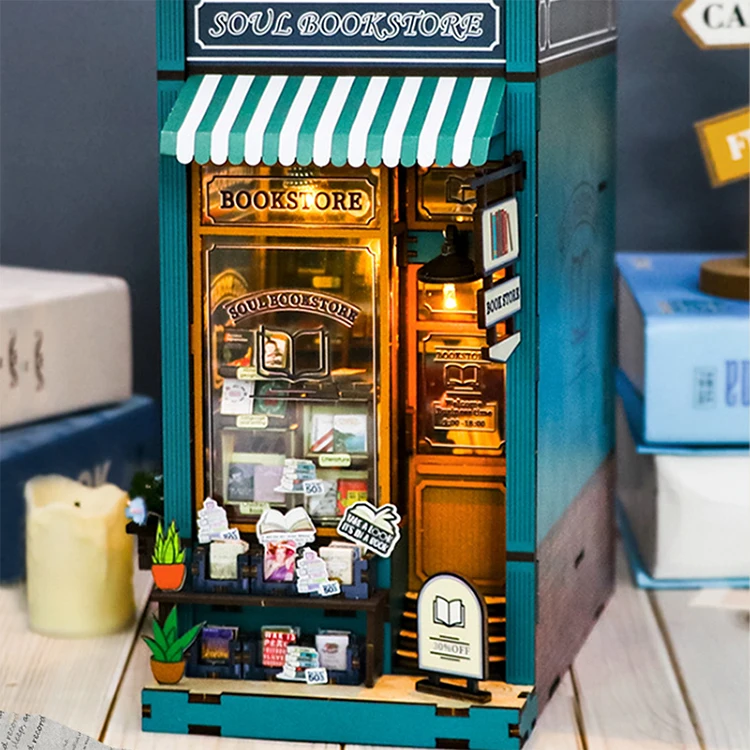 Bookshelf Set DIY Wooden Miniature Doll House Book Nook Kit 3D Puzzle Assembly Building Model With LED Light Dollhouse Gifts