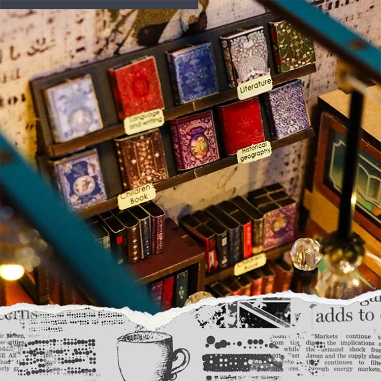 Bookshelf Set DIY Wooden Miniature Doll House Book Nook Kit 3D Puzzle Assembly Building Model With LED Light Dollhouse Gifts