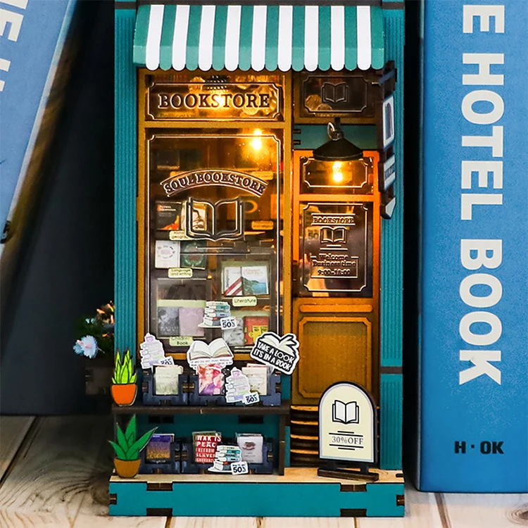 Bookshelf Set DIY Wooden Miniature Doll House Book Nook Kit 3D Puzzle Assembly Building Model With LED Light Dollhouse Gifts