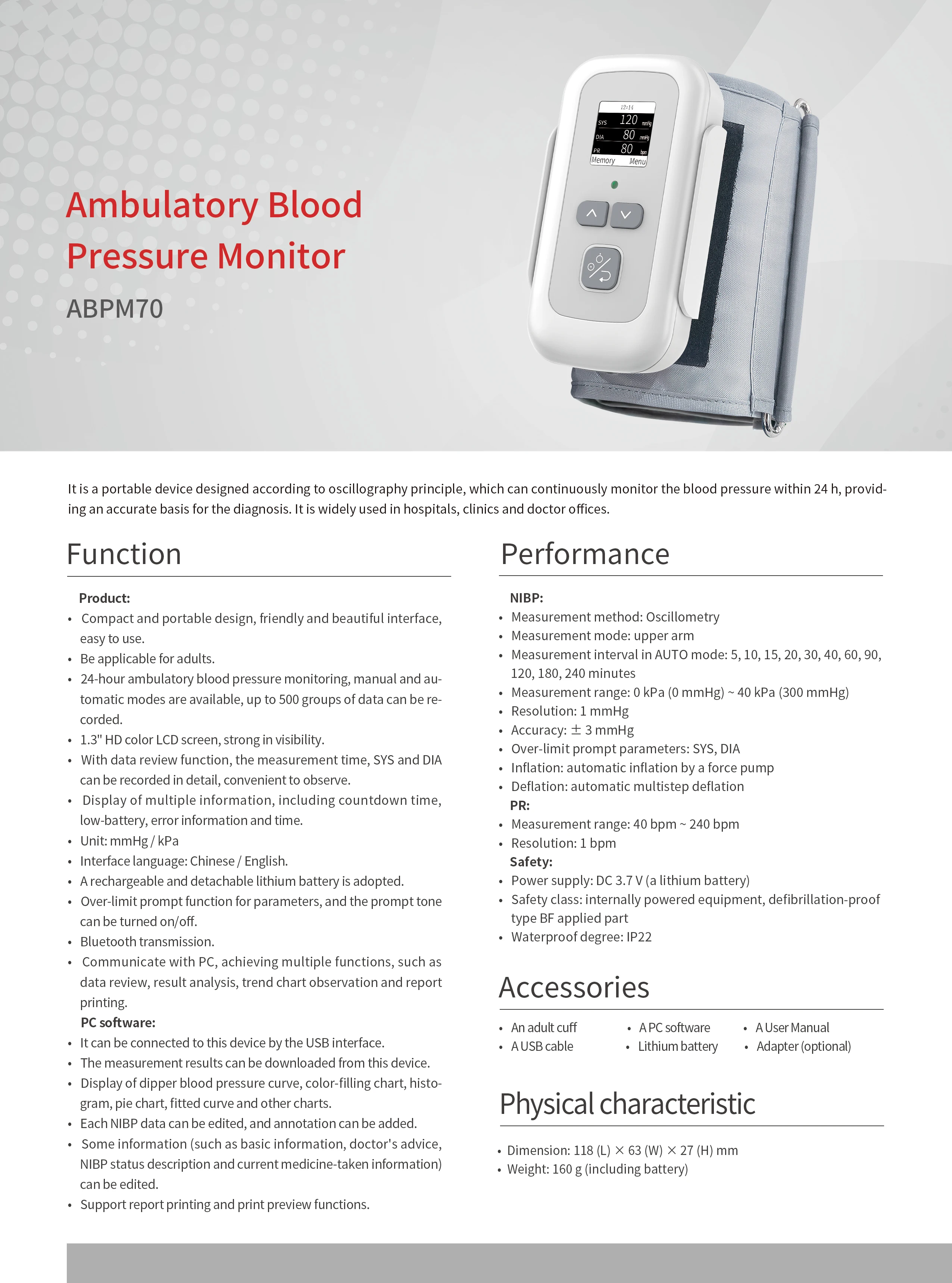CONTEC Ambulatory Blood Pressure Monitor 24h Upper Arm NIBP Holter Machine ABPM70